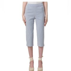 HUE Women’s Pedal Pushers Cropped Pants Seersucker Blue Stripe Pockets Large $48